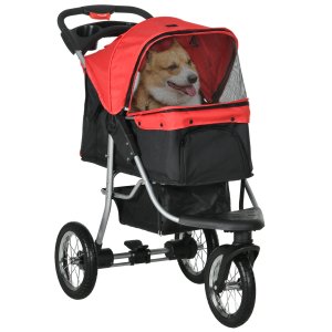 Suņu ratiņi/suņu bugijs ar 3 riteņiem, salokāmi, līdz 10 kg, Oxford Red+Black, 109,5 x 54,5 x 106,5 cm