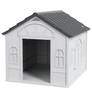 Suņu voljērs ar slīpu jumtu, laikapstākļiem izturīgs, plastmasas, 65 x 75,7 x 63 cm, pelēks