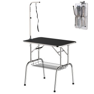 Suņu kopšanas galds, saliekams mājdzīvnieku kopšanas galds ar regulējamu roku, slingām, sieta grozu, griešanas galds līdz 150 kg, 90 x 60 x 75 cm, melns