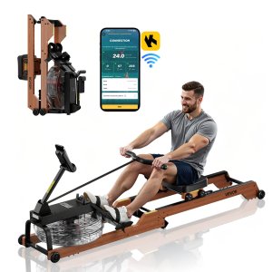 Ūdens airēšanas trenažieris, 6 klusas pretestības līmeņi, saliekams koka airēšanas trenažieris ar 14 litru ūdens tvertni un LCD monitoru, saderīgs ar Bluetooth lietotni, celtspēja 158 kg, ieskaujoši airēšanas trenažieri mājām