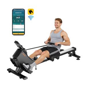 Magnētiskais airēšanas trenažieris, 16 līmeņu klusa pretestība, regulējams, salokāms airēšanas trenažieris mājām, 158 kg svara izturība, airēšanas trenažieri ar gludu skriemeļa dizainu, saderīgs ar Bluetooth lietotni un LCD monitoru