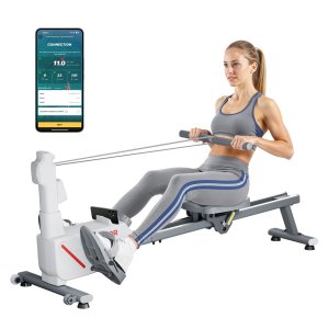 Magnētiskais airēšanas trenažieris, 16 līmeņu klusa pretestība, regulējams, salokāms airēšanas trenažieris mājām, 158 kg svara izturība, airēšanas trenažieri ar divkāršu slīdošo sliedi, saderīgs ar Bluetooth lietotni un LCD monitoru
