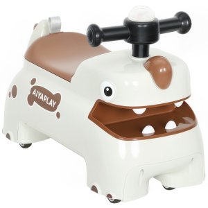 Stumjama automašīna, dinozaura forma, stūre, gaismas, skaņas, 4 riteņi, krēmīgi balta un brūna krāsa
